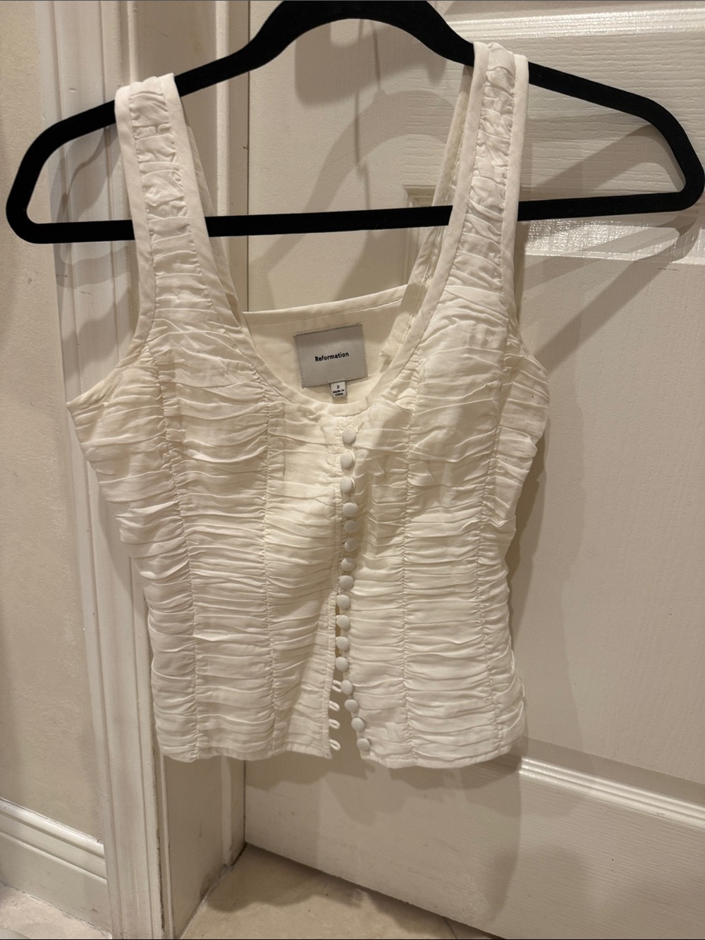 Reformation White Ruched Button-Front Tank